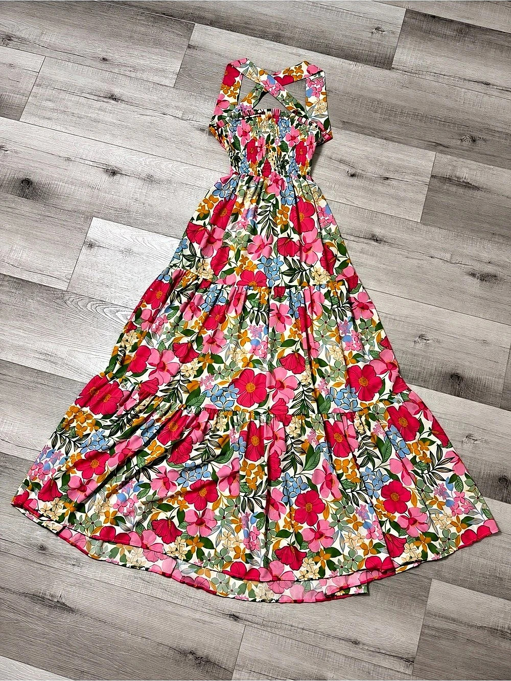 VICI Floral Maxi Dress Smocked Criss Cross Back Tiered Boho Small